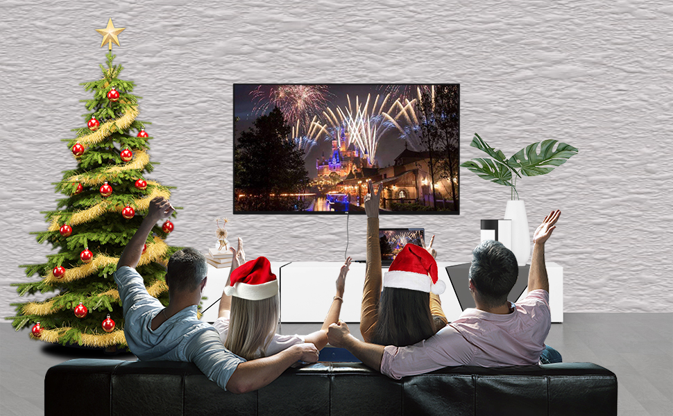 two men and two women sitting on the sofa are watching TV coneected to a laptop via this cable