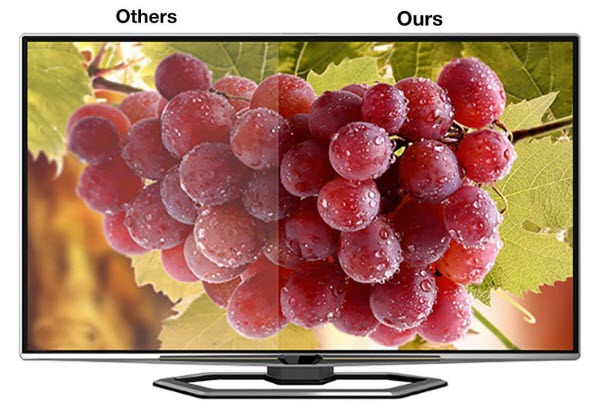 a TV showing the visual quality comparison between others and  Nippon Labs cables
