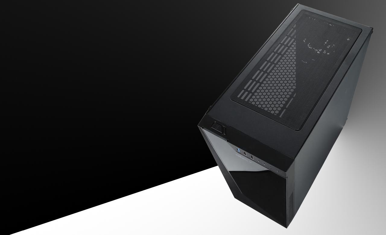 An airial view of the desktop shows the front, top and right side panel