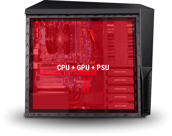 Graphic on the side of the case showing that CPU, GPU and PSU are all inside