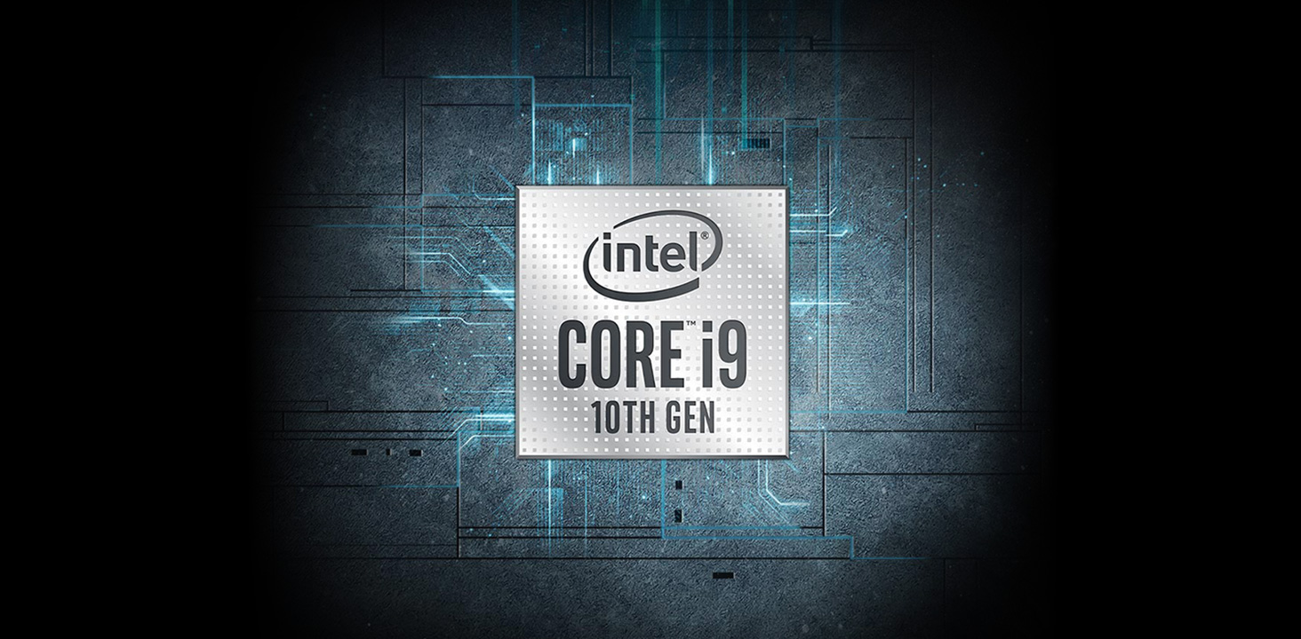 A large logo of Intel Core i9 10th Gen in the center