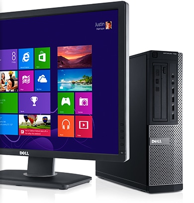 A Dell Monitor with the Windows 8 home screen next to the small form factor Dell 9020 standing up facing slightly to the right