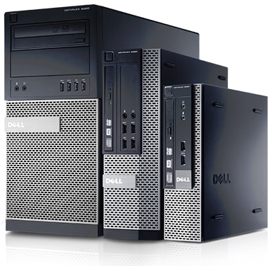 The three Dell 9020 desktop form factors standing up next to each, facing slightly to the left