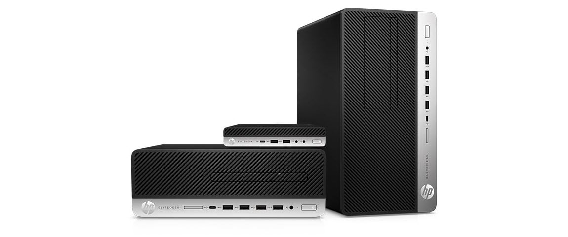 HP EliteDesk 700 Series Mini, Small Form Factor, and Micro Tower Desktop PCs Stacked Next to Each Other
