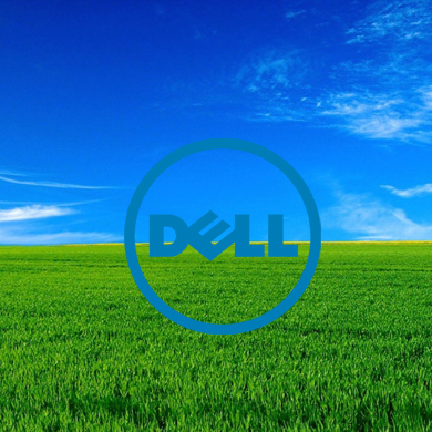    An expansive grassland under blue sky, with a Dell logo at the center