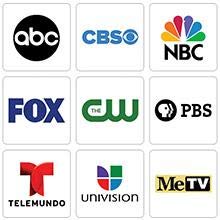 Icons for ABC, CBS, NBC, FOX, CW, PBS, Telemundo, Univision and MeTV