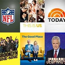 NFL logo, THIS IS US show cover, Today Show logo, Brooklyn Nine-Nine, the Good Place and Jeopardy show covers
