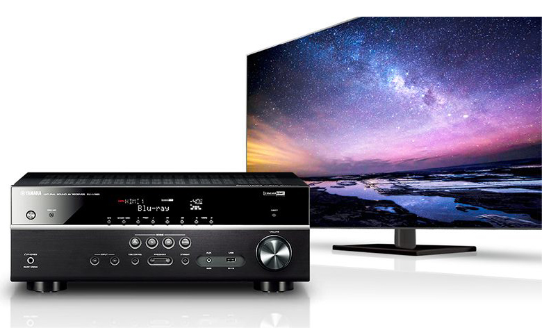 Yamaha RX-V385 5.1-Channel 4K AV Receiver and TV side view