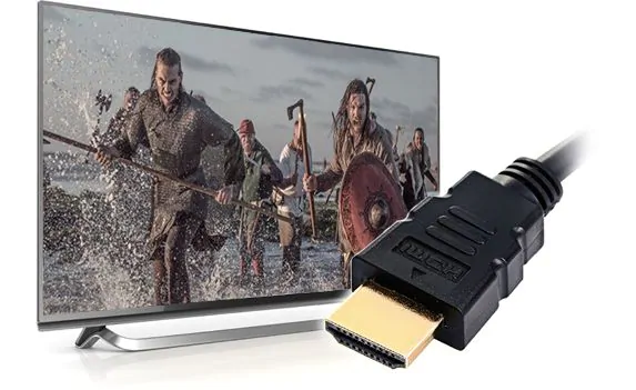 HDMI cable close-up and TV side view