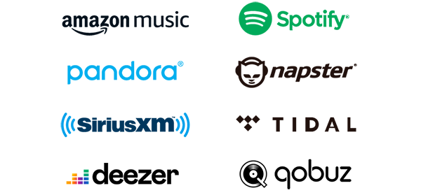 Amazon music icon, Spotify icon, pandora icon, napster icon, siriusxm icon, TIDAL icon, deezer icon, qobuz icon