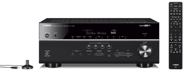 Yamaha RX-V685 7.2-Channel AV Receiver with MusicCast facing forward and remote control