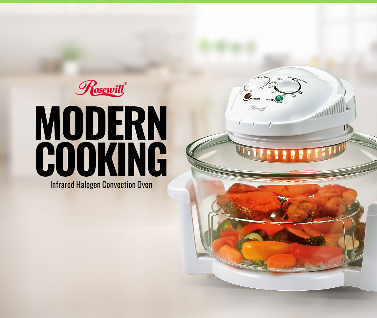 Rosewill Infrared Halogen Convection Oven with various vegetables next to text that reads: MODERN COOKING - Infrared Halogen Convection Oven