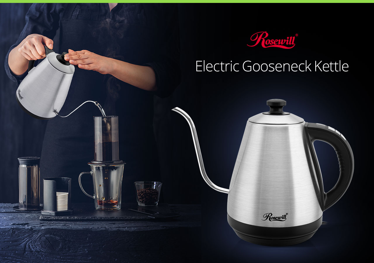 the left side is a man using the Kettle to make tea and the right side is a Gooseneck Kettle