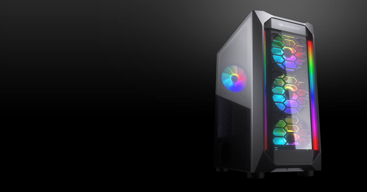 MX410-G RGB with illuminating fans and ARGB strips is tilted slightly to the right