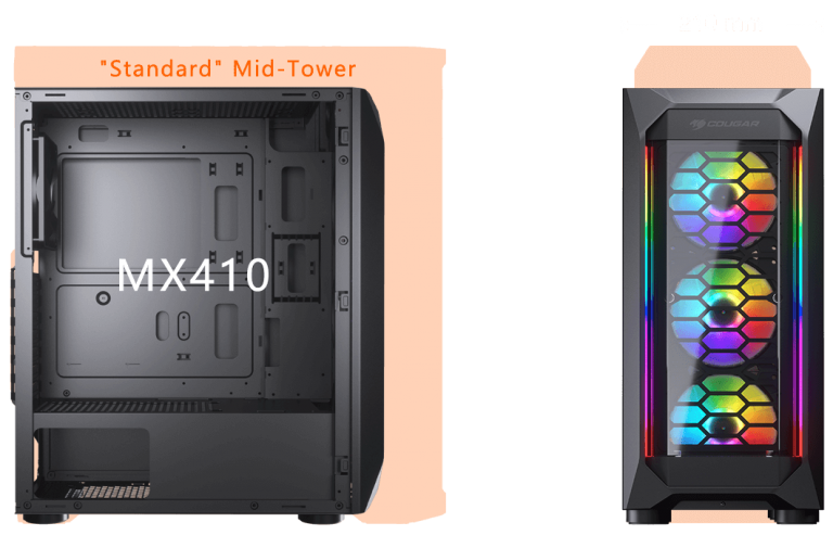 Two MX410-G RGB cases with one showing the left side with panel removed and another with illuminated ARGB strips and marked width of 210mm