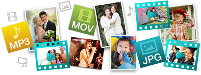 An array of photos, with logos of MP3, MOV and JPG
