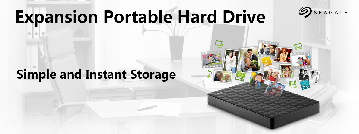 Illustration showing the Seagate Expansion Port able external HDD stores libraries of photos, music and videos