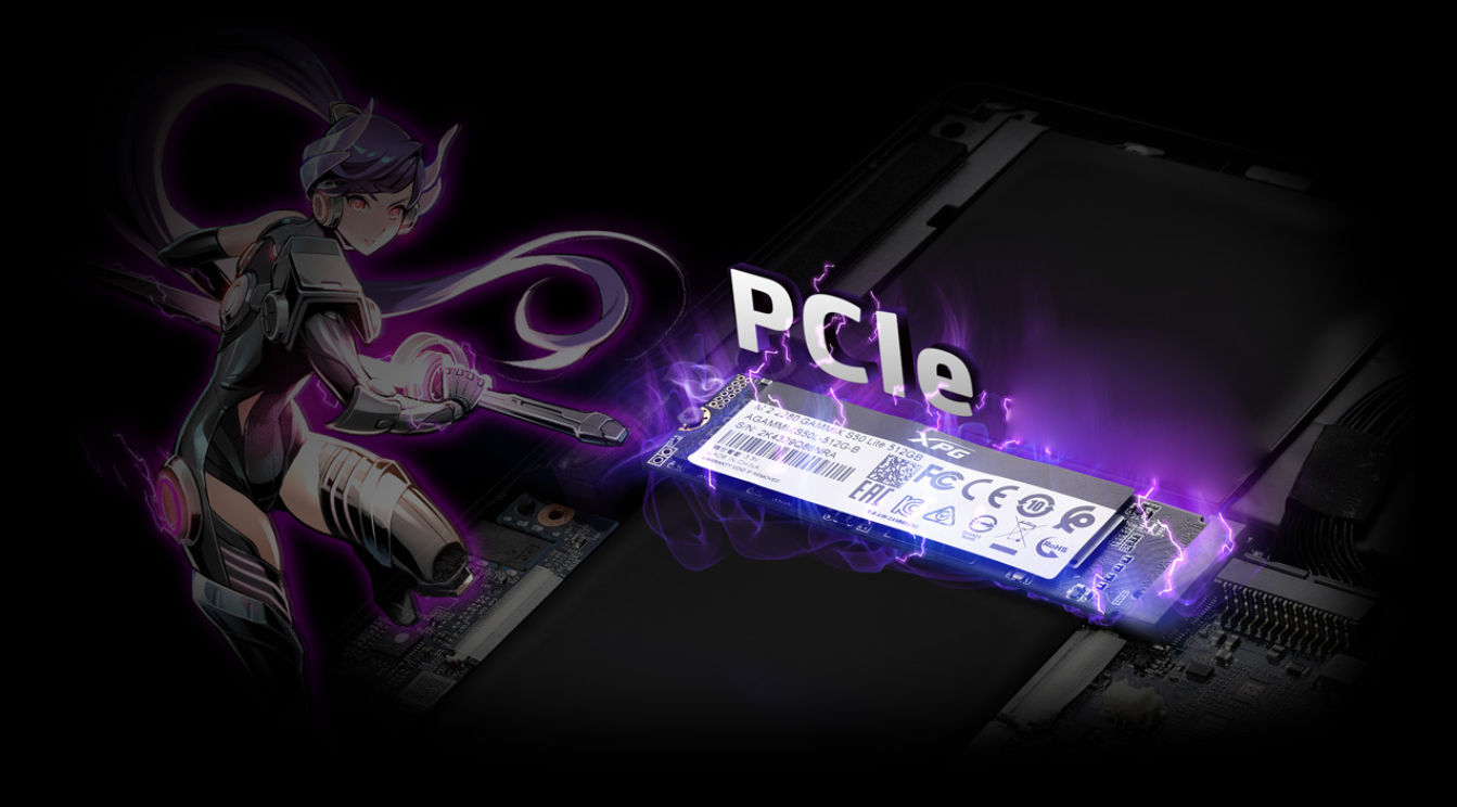An animated girl is using her wand to point at a PCIe M.2 SSD. Purple and blue light is around the edge of the SSD.
