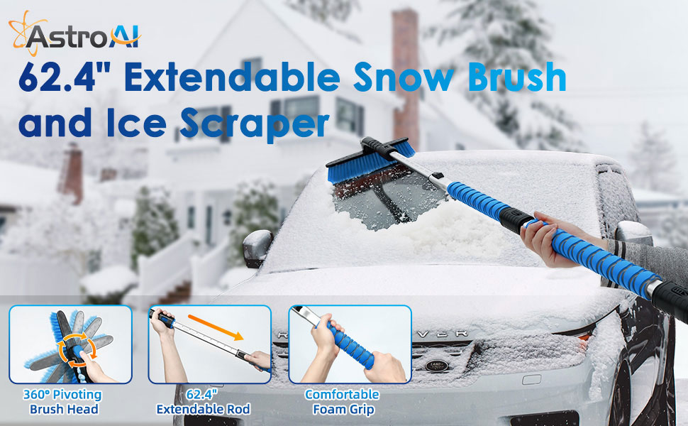 AstroAI 62.4 Ice Scraper and Extendable Snow Brush for Car Windshield and Foam Grip with 360° Pivoting Brush Head for Christmas Car Auto Truck SUV 