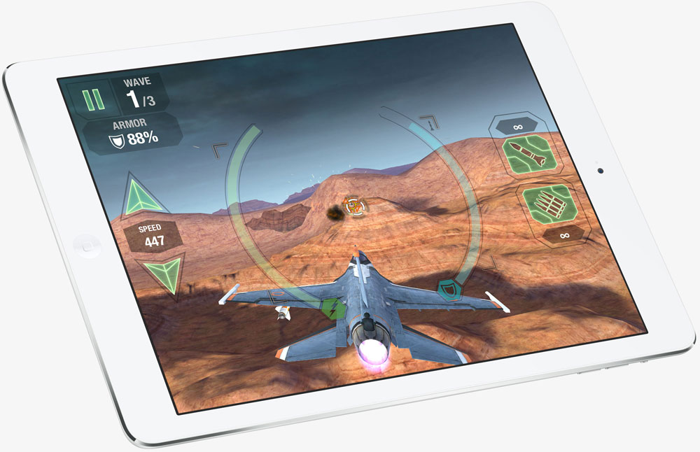The iPad Air with screen showing a flight combat game