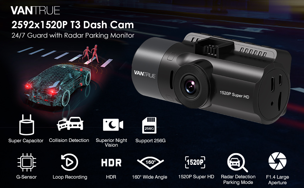 Vantrue T3 1520P Dash Cam with Supercapacitor, Dashboard Camera Driving