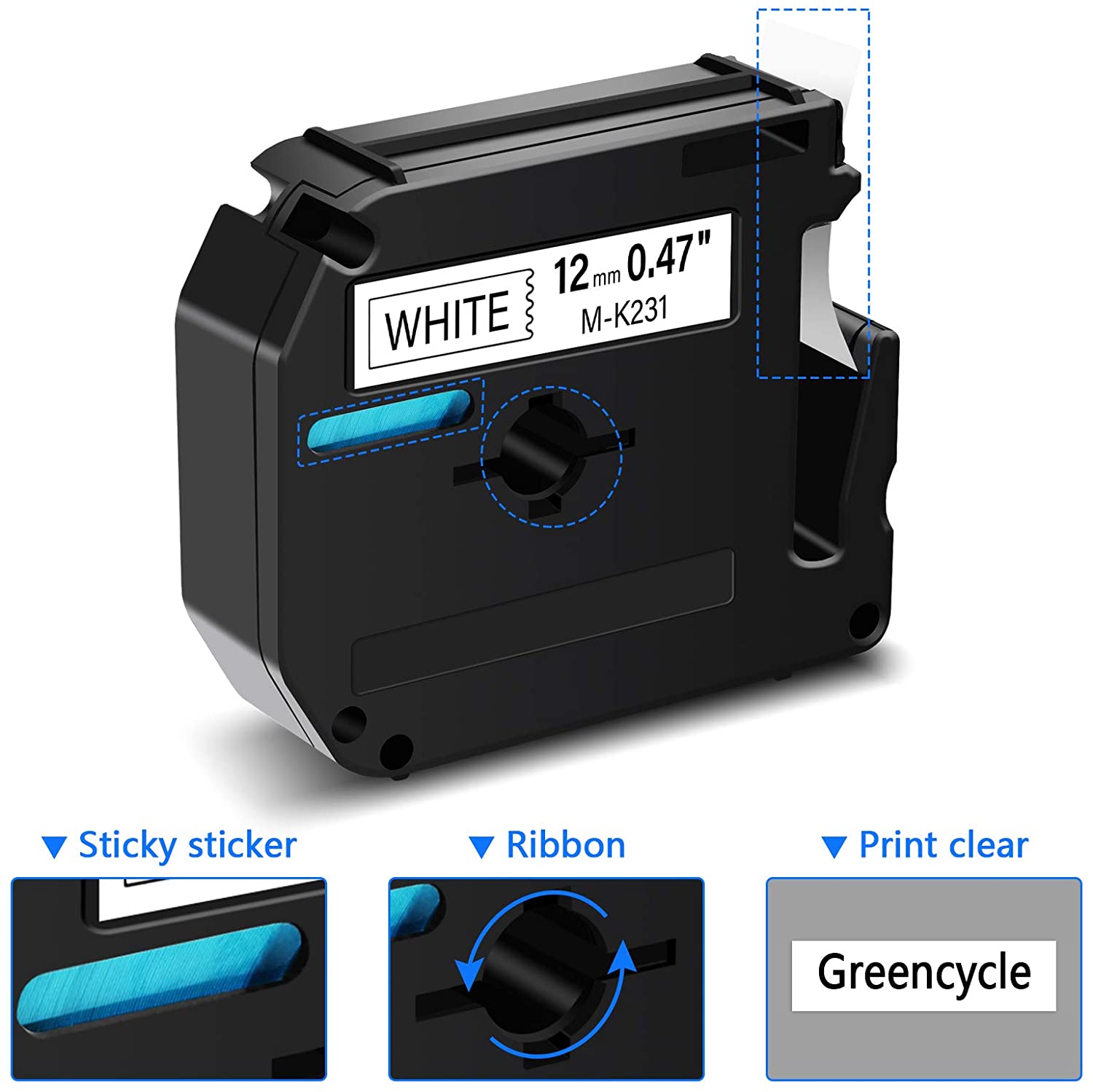 GREENCYCLE 10PK 12mm 8m Black on White MK231 M231 MK231 Label Tape Compatible for Brother P