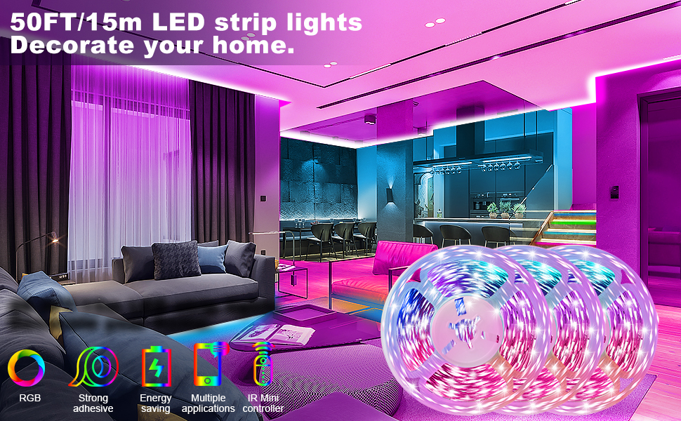 50FT Led Strip Lights RGB Room Lights Color Changing with Remote 15m Full Kits 