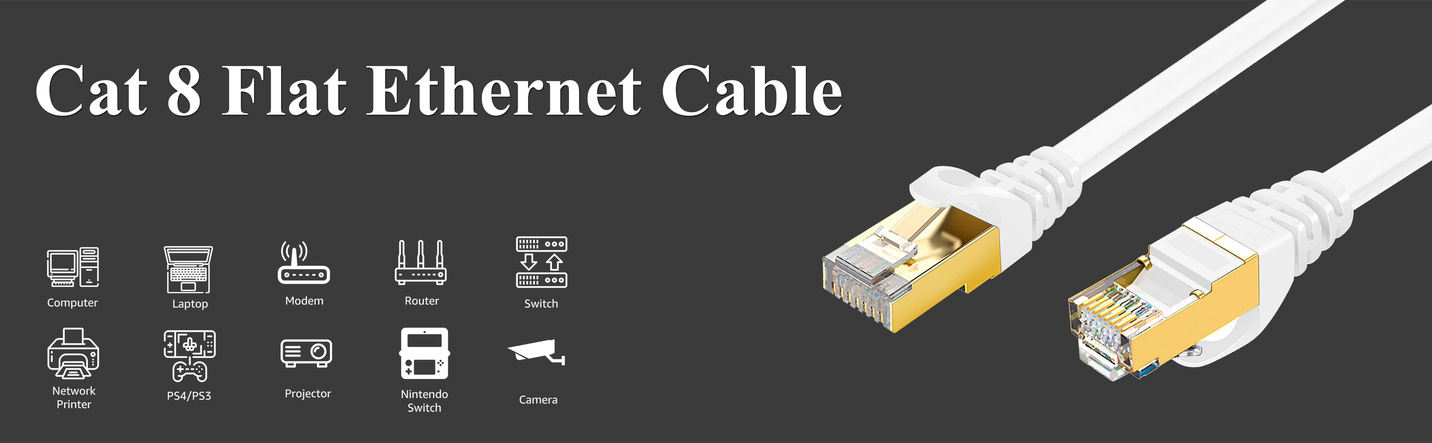 Cat 8 Cable 100 Ft White Flat 40Gbps High Speed Shielded RJ45