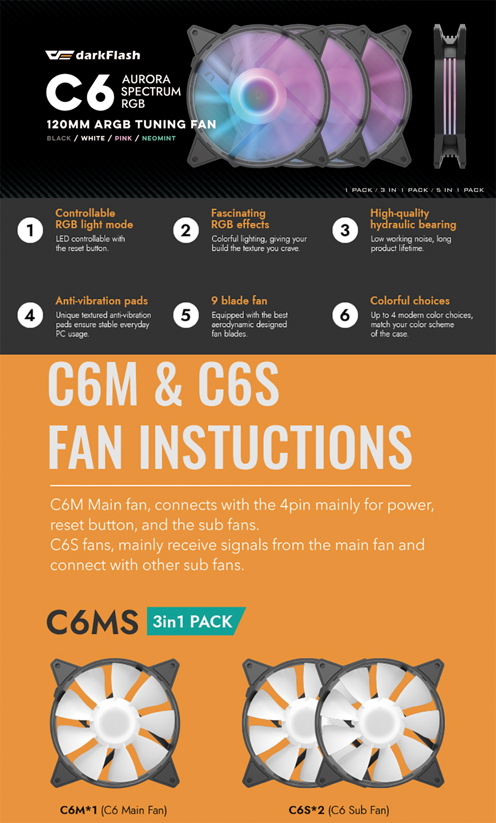 darkFlash C6 Black 120mm ARGB Case Fan 3 Packs RGB 5V ARGB Computer