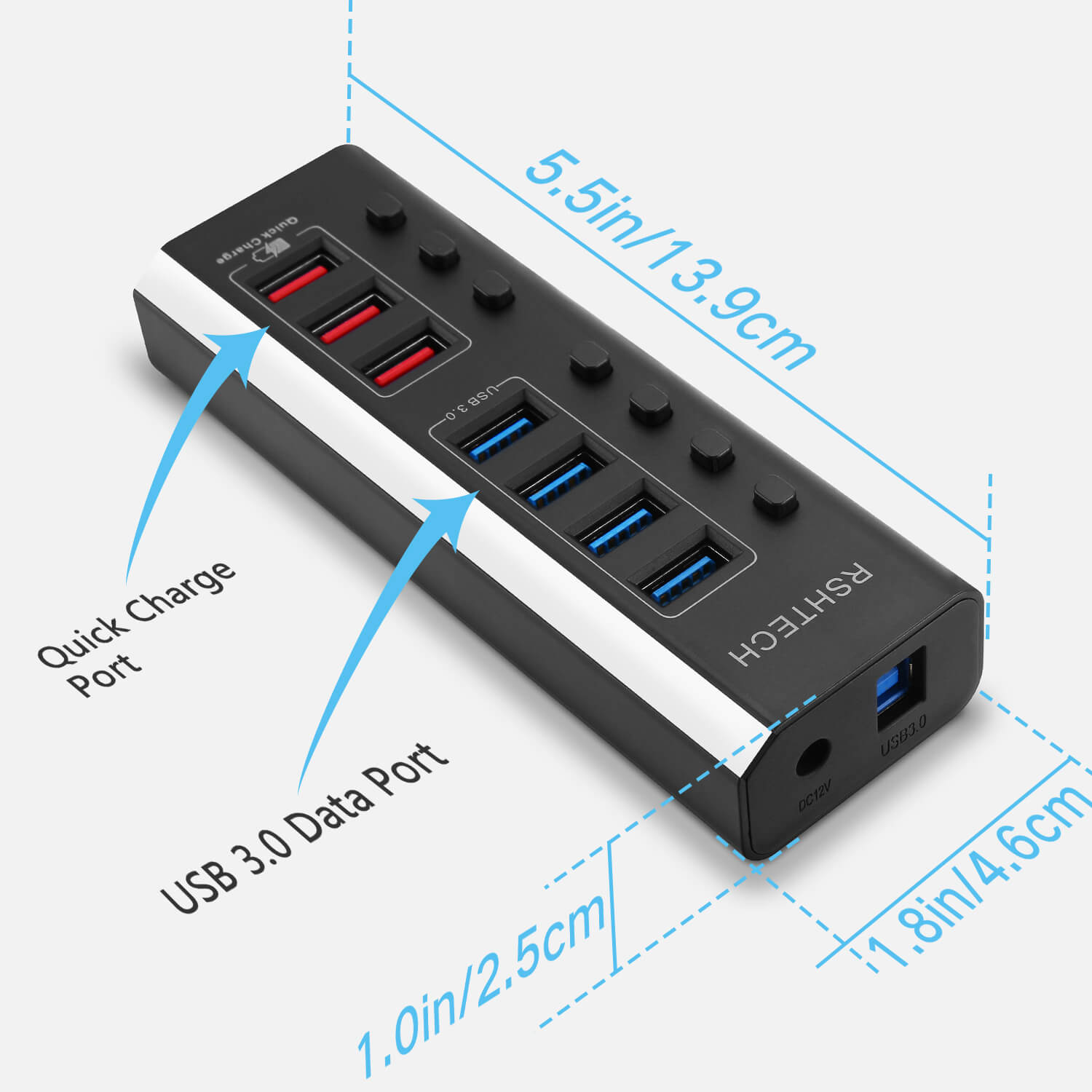 Rshtech powered usb hub 7 ports usb 3 0 hub with 4 high speed data