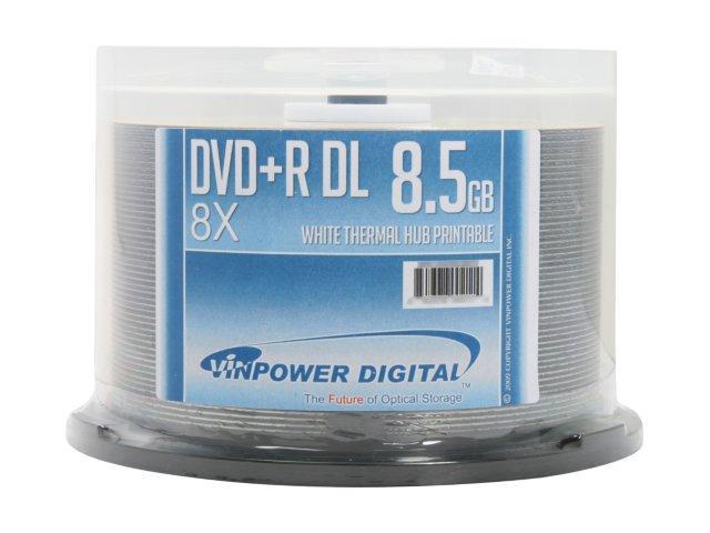 Vinpower Digital 8.5GB 8X DVD+R DL White Thermal Hub Printable 50 Packs Spindle Disc Model VPDPRDL08WTP