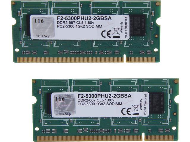 G.SKILL 2GB (2 x 1GB) 200-Pin DDR2 SO-DIMM DDR2 667 (PC2 5300) Dual Channel Kit Laptop Memory Model F2-5300PHU2-2GBSA