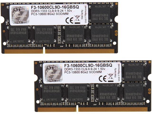 G.SKILL 16GB (2 x 8G) 204-Pin DDR3 SO-DIMM DDR3 1333 (PC3 10600) Laptop Memory Model F3-10600CL9D-16GBSQ