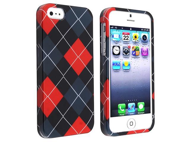 Insten Red/Gray Checkered Rubber Hard Case + 2pcs Anti Glare Guard Compatible with Apple iPhone 5 5th 5G Gen