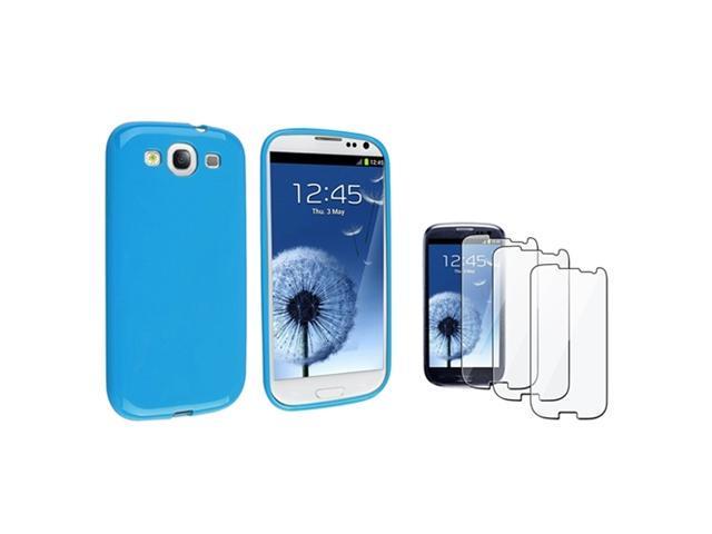 Insten Blue jelly TPU Rubber Case + 3 piece Screen Protector compatible with Samsung Galaxy SIII / S3