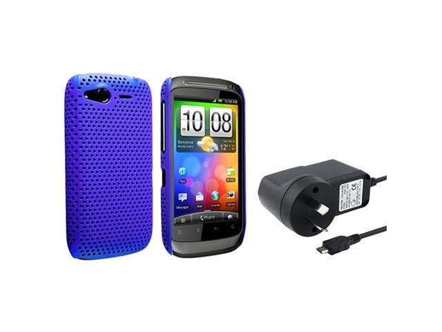 Insten Home Charger + Blue Meshed Rubberized Skin Case Cover Compatible With HTC Desire S