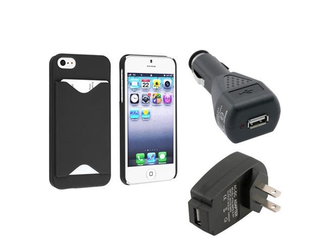 Insten Black with Card Holder Snap on Case with Travel/Wall Charger AND Car Charger Adapter compatible with Apple iPhone 5 / 5S