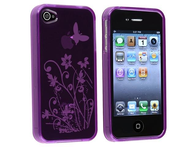 Insten TPU Purple Flower w/Butterfly Case+Stylus+Clear Protector For iPhone 4 G 4S