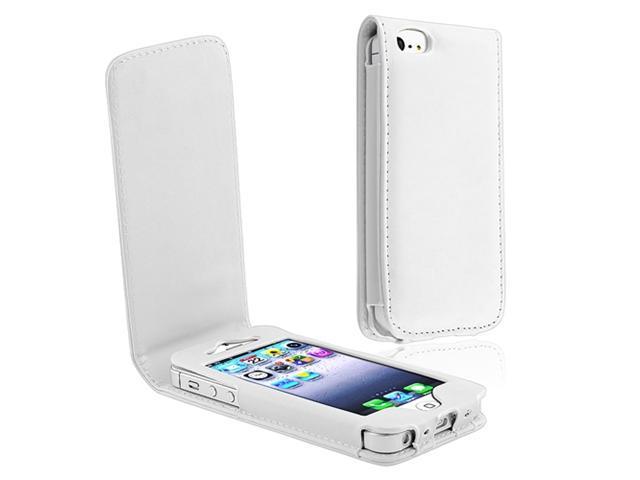 Insten White Leather Case Cover + 2 LCD Kit (Front & Back) Anti Glare Screen Cover compatible with Apple iPhone 5