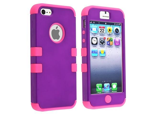 Insten Hybrid Pink Purple Silicone / Hard plastic Case Cover + Mirror Screen Protector compatible with Apple  iPhone  5