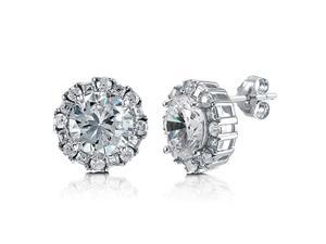 Round Cut Clear Cubic Zirconia 925 Sterling Silver Halo Stud Earrings