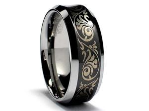    8MM Concave Black Laser Etched Tungsten Carbide Ring 