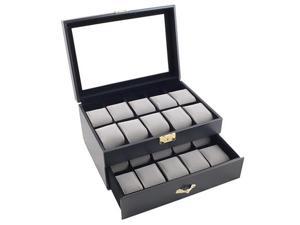 Black Classic Watch Case Display Box With Clear Glass Top Holds 20 Watches