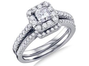 14K White Gold Large Diamond Halo Engagement Ring with Matching Curved Wedding Band 2 Ring Set   Solitaire Setting w/ Channel Set Princess Cut & Round Diamonds (1.00 cttw, .43 ct Center, G H, SI2)