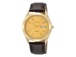    Seiko Leather Strap Gold Tone Dial Mens Watch #SNE052