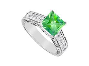 May Birthstone Frosted Emerald  CZ Milgrain Engagement Ring in 14K White Gold 2.50 CT TGW