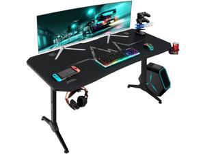 Furmax 55 Inch Gaming Desk Racing Style PC Computer Desk Y-shaped Table Home Office Desk with Large Carbon Fiber Surface, Free Mouse Pad, Headphone Hook, Gaming Handle Rack and Cup Holder &#40;Black&#41;
