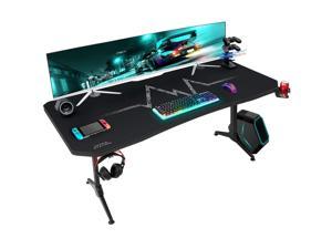 Furmax 63 Inch Gaming Desk Y-Shaped PC Computer Table with Carbon Fiber Surface Free Mouse Pad Home Office Desk Gamer Table with Game Handle Rack Headphone Hook and Cup Holder &#40;Black&#41;