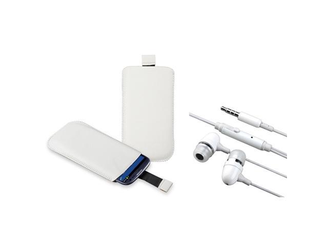 Eforcity White Leather Pouch + White In-ear (w/on-off) Stereo Headsets