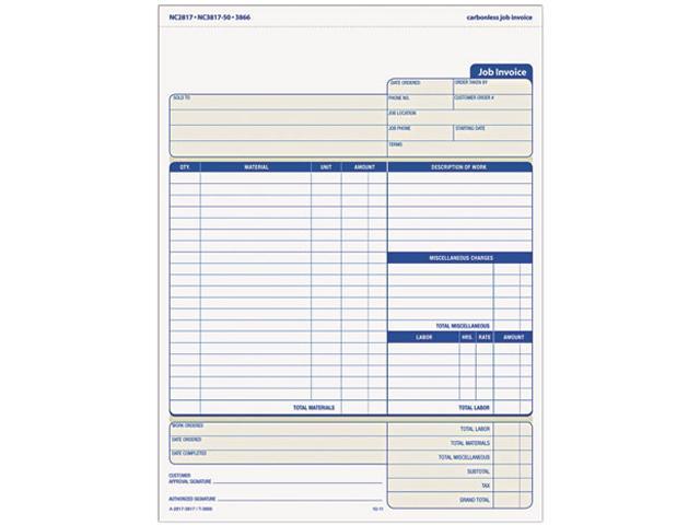 Tops 3866 Snap-Off Job Invoice Form, 8-1/2 x 11, Three-Part Carbonless ...